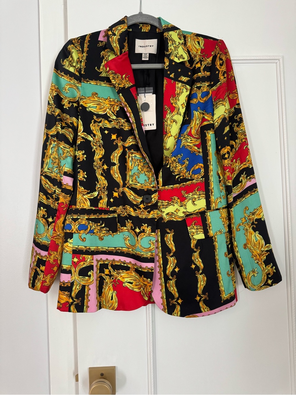 Industry Multicolor Baroque Single-Button Blazer - Black/Mint/Red
